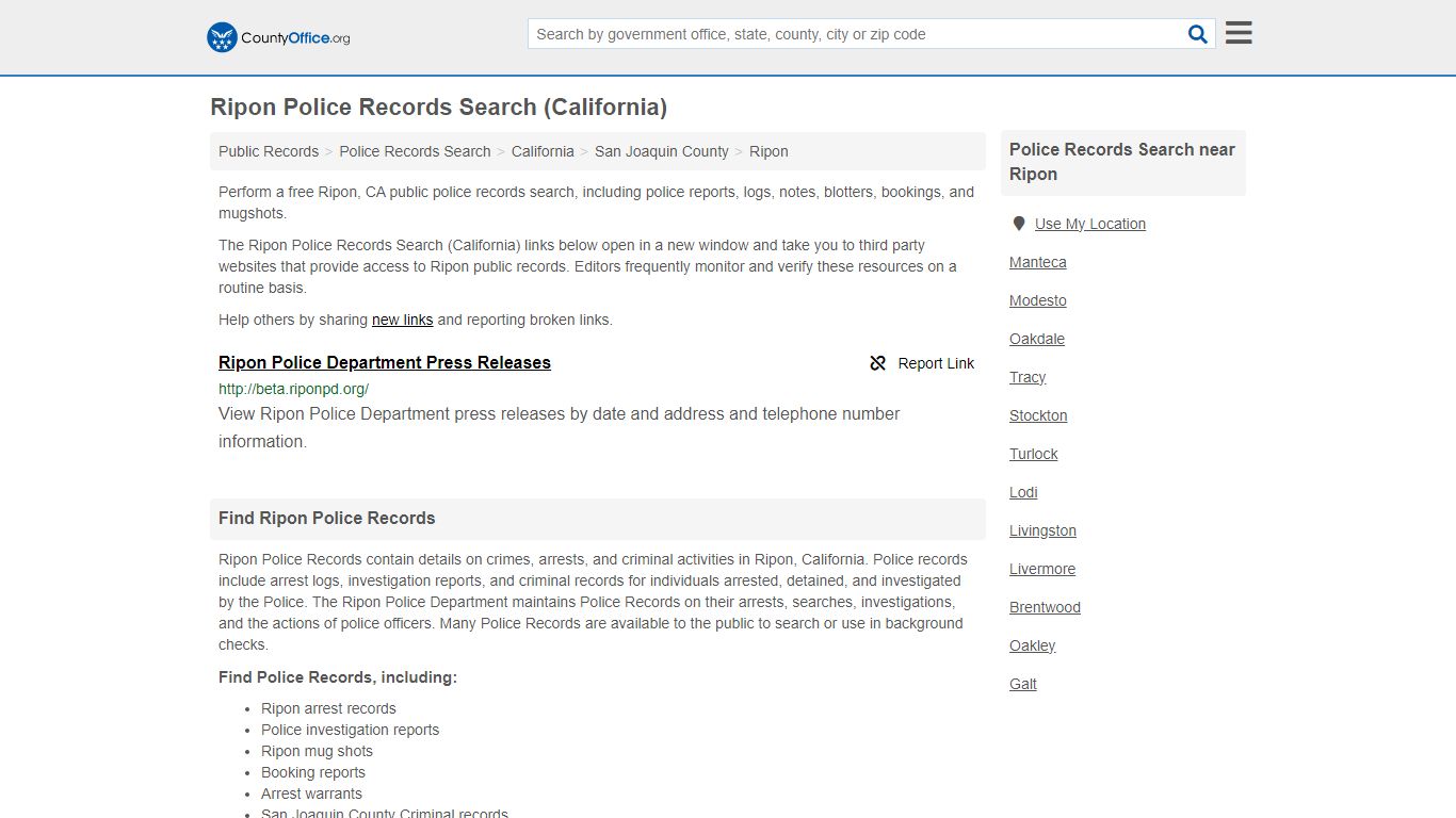 Ripon Police Records Search (California) - County Office